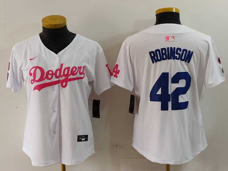 Womens Los Angeles Dodgers #42 Jackie Robinson White Pink With Patch Limited Stitched Jersey